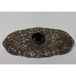 Sadie Green Metal Brooch Pin with dark stone 2"  Vintage